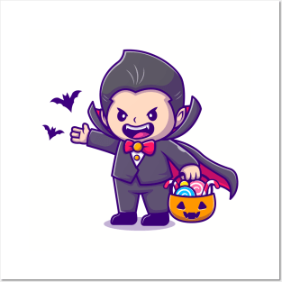 Cute Dracula Holding Pumpkin Basket With Candy And Bats Posters and Art